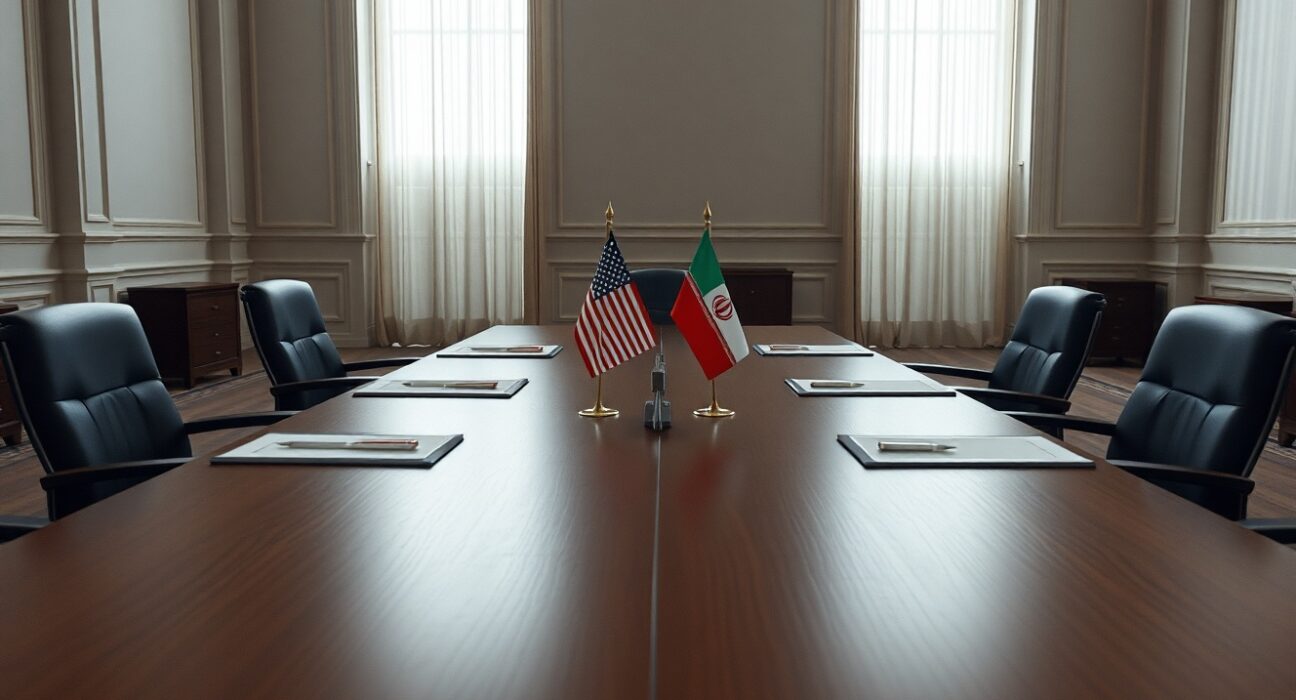 Diplomatic negotiation table with American and Iranian flags in a formal room