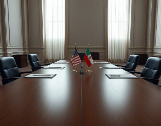 Diplomatic negotiation table with American and Iranian flags in a formal room