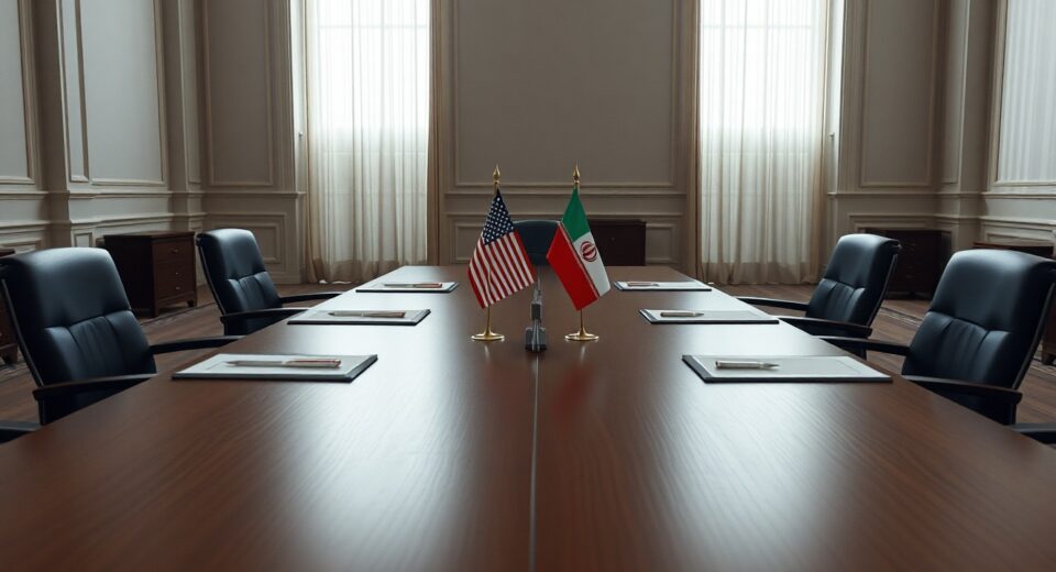 Diplomatic negotiation table with American and Iranian flags in a formal room