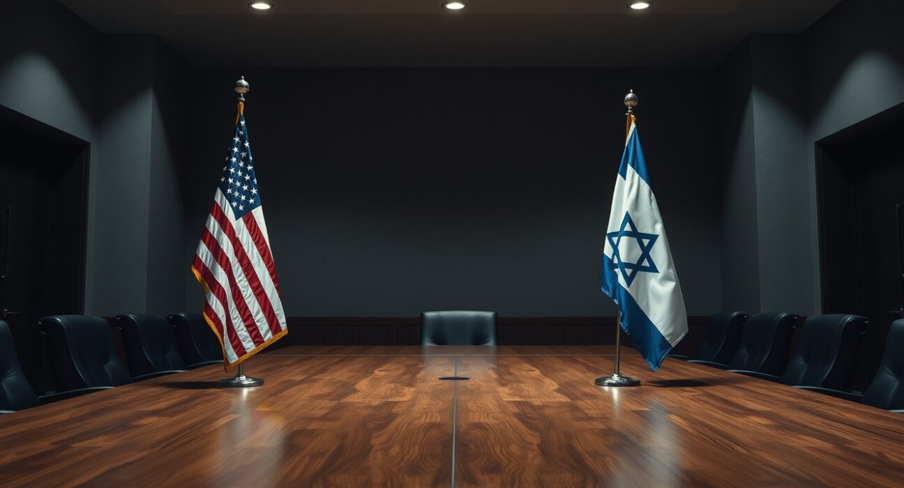 Empty diplomatic meeting room with American and Israeli flags, representing US-Israel tensions.