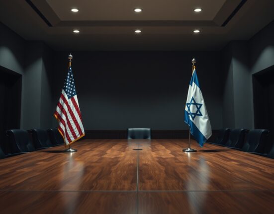 Empty diplomatic meeting room with American and Israeli flags, representing US-Israel tensions.