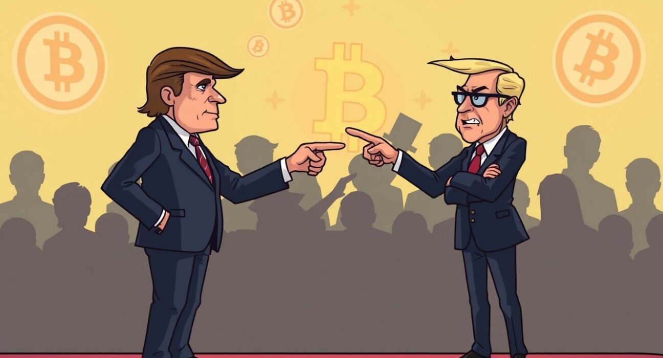Cartoon of a political clash over crypto criminals with digital currency symbols in the background.