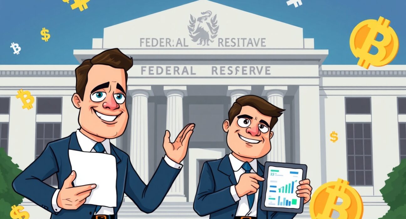 Cartoon illustration of potential next Fed chair candidates debating policy in front of the Federal Reserve.
