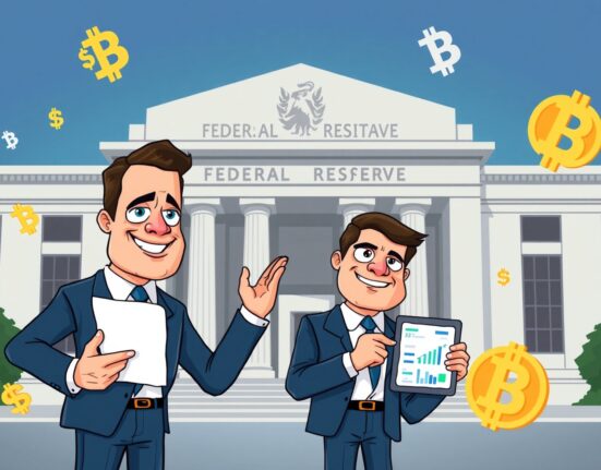 Cartoon illustration of potential next Fed chair candidates debating policy in front of the Federal Reserve.