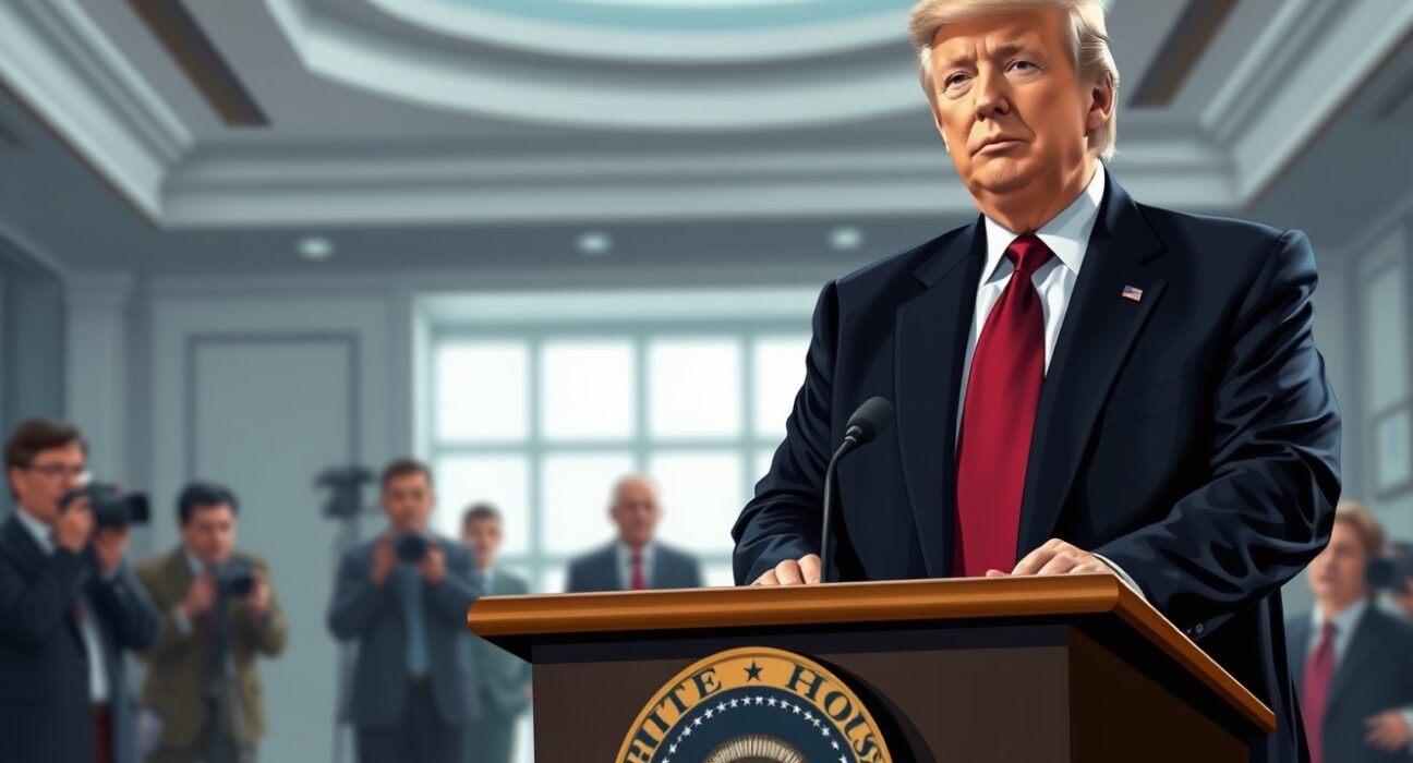 President Donald Trump at the White House podium discussing no premature withdrawal from Iran policy, warning problems would resurface.
