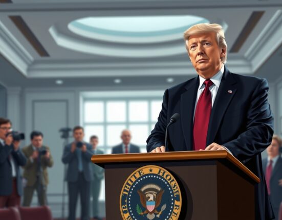 President Donald Trump at the White House podium discussing no premature withdrawal from Iran policy, warning problems would resurface.