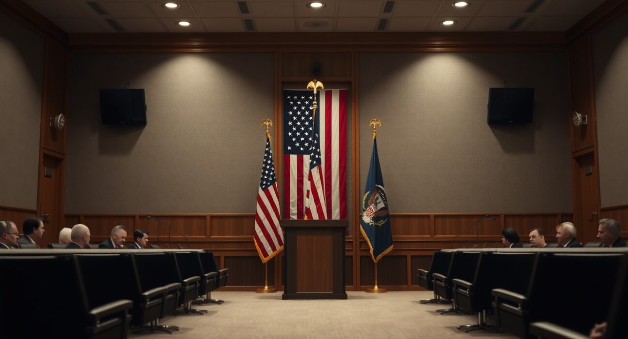 Diplomatic meeting room with American flag and lectern, representing nuclear deal negotiations.