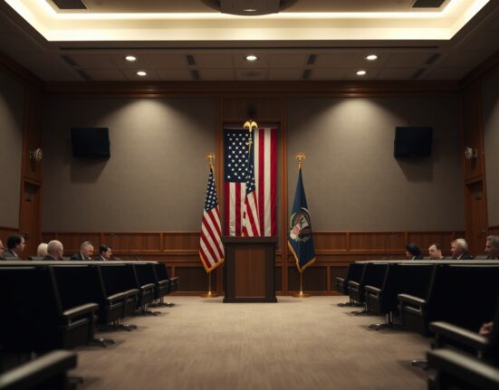 Diplomatic meeting room with American flag and lectern, representing nuclear deal negotiations.