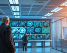 Bank executives analyzing AI cybersecurity vulnerability detection with Anthropic's Mythos model in financial data center