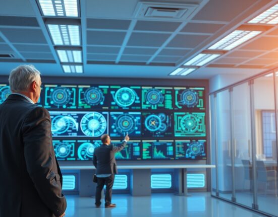 Bank executives analyzing AI cybersecurity vulnerability detection with Anthropic's Mythos model in financial data center