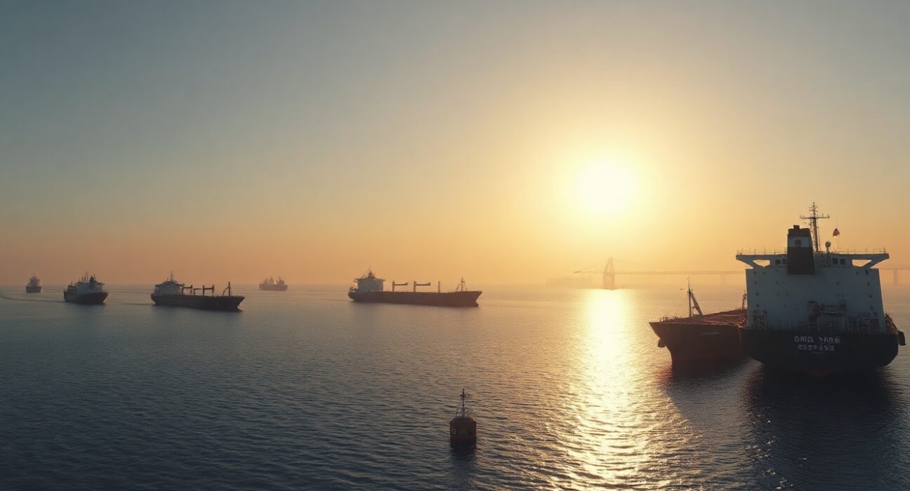 Oil tankers in the Strait of Hormuz at sunrise, a key global oil chokepoint.