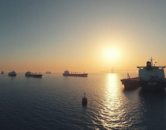 Oil tankers in the Strait of Hormuz at sunrise, a key global oil chokepoint.