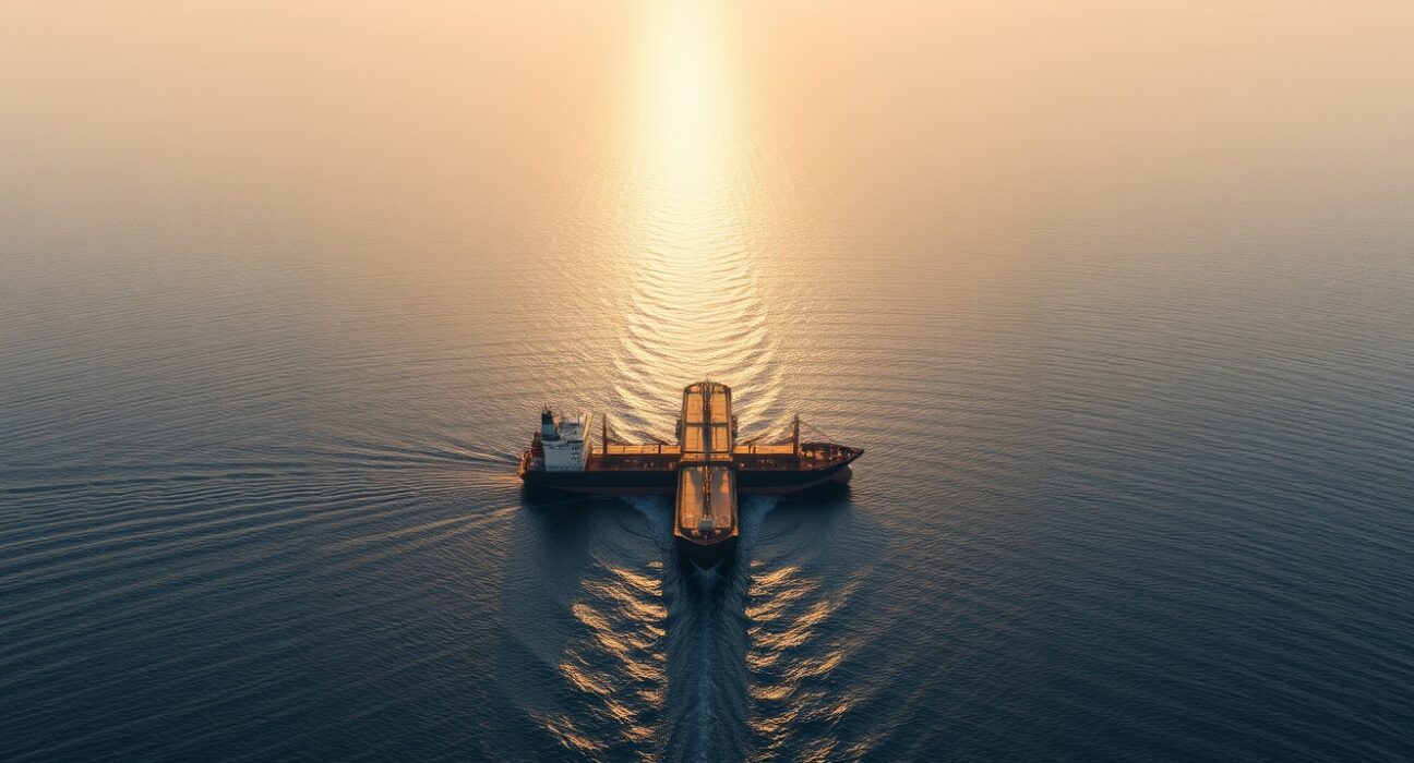 Oil tanker navigating the Strait of Hormuz at sunrise