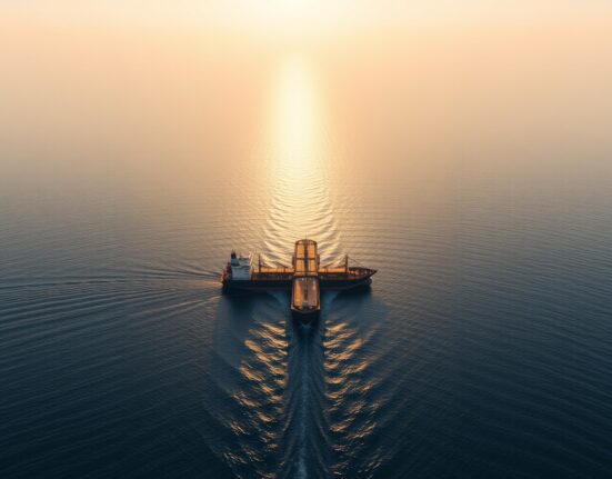 Oil tanker navigating the Strait of Hormuz at sunrise