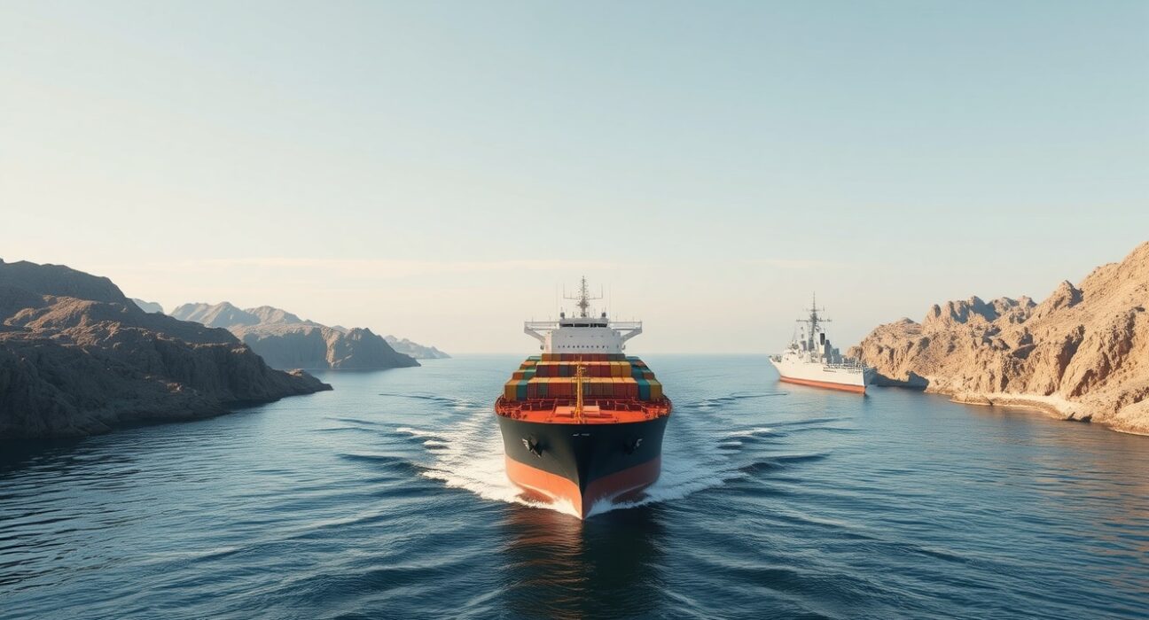 Cargo ship in Strait of Hormuz with US Navy vessel in background