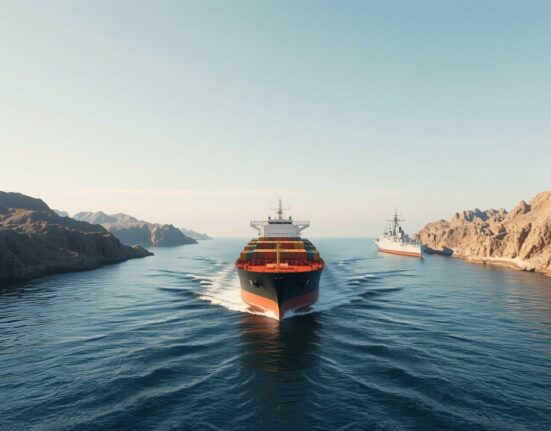 Cargo ship in Strait of Hormuz with US Navy vessel in background