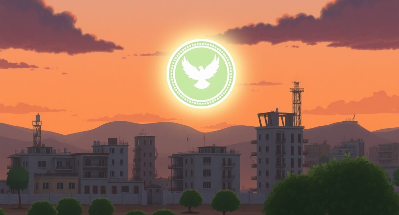 Conceptual image of a stablecoin aiding Gaza's economic reconstruction and recovery efforts.