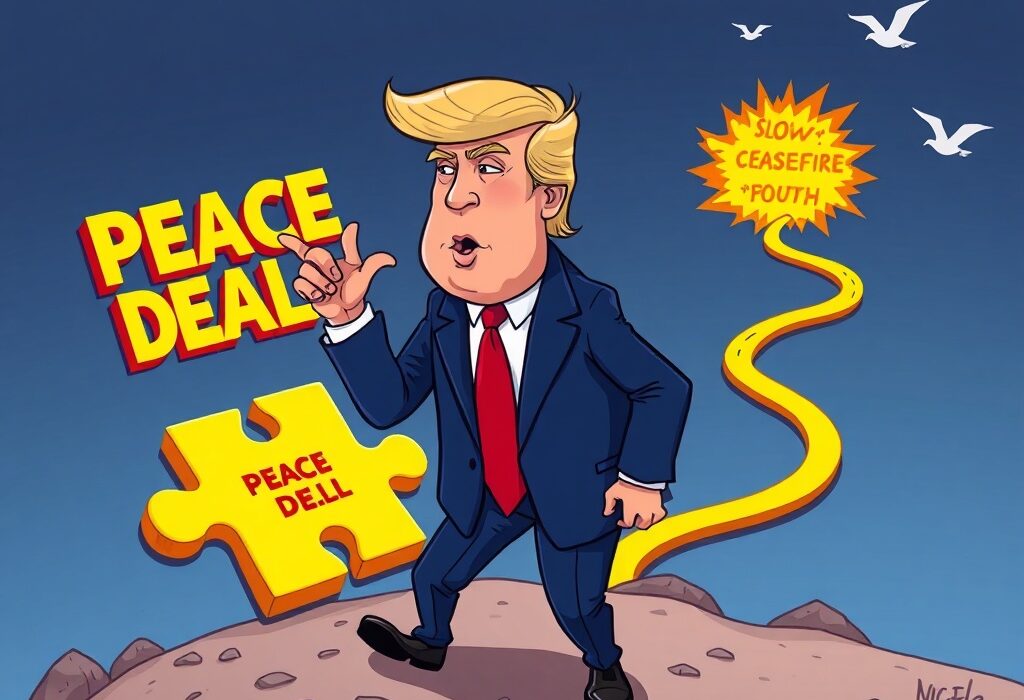 A cartoon illustrating Donald Trump advocating for a swift Trump peace deal over a prolonged ceasefire, emphasizing decisive diplomatic action.