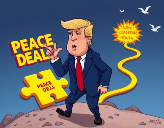 A cartoon illustrating Donald Trump advocating for a swift Trump peace deal over a prolonged ceasefire, emphasizing decisive diplomatic action.