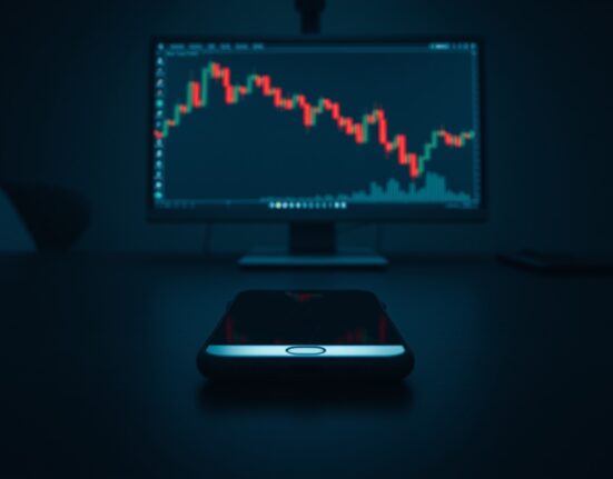 Cracked smartphone on desk with a blurry crypto chart in background