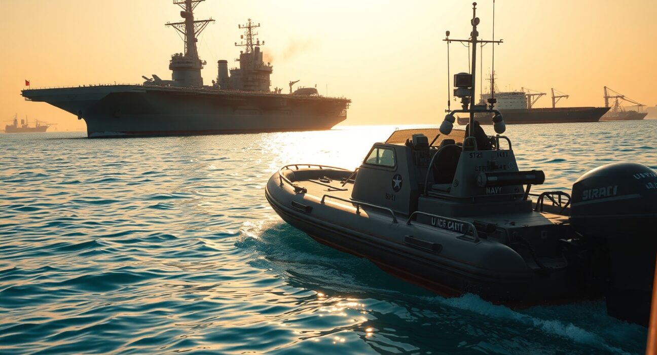 Strait of Hormuz reopening plan: US Navy carrier and Iranian speedboat in strategic waterway