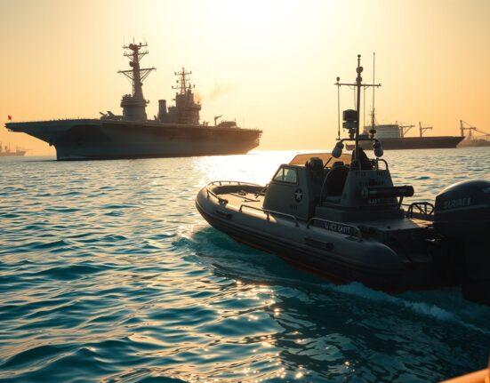 Strait of Hormuz reopening plan: US Navy carrier and Iranian speedboat in strategic waterway