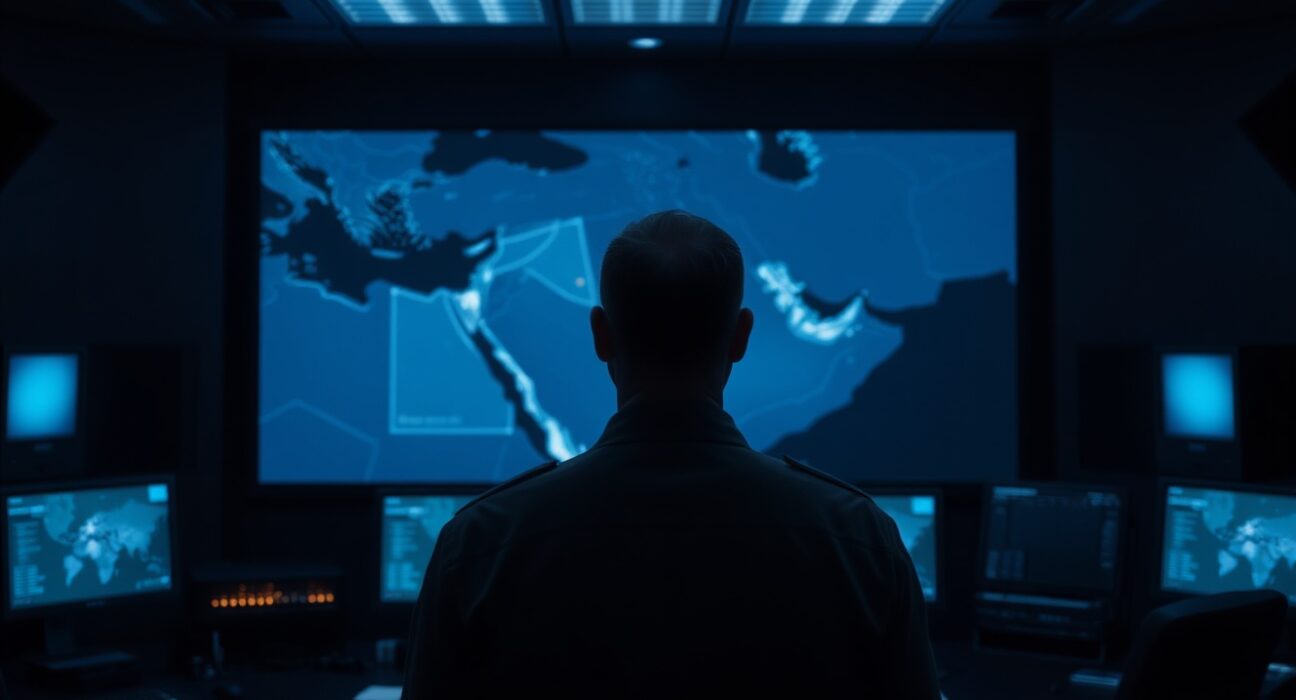 A somber situation room with a military official viewing a map of the Middle East on a large screen, representing a strategic decision on potential US strikes against Iran.