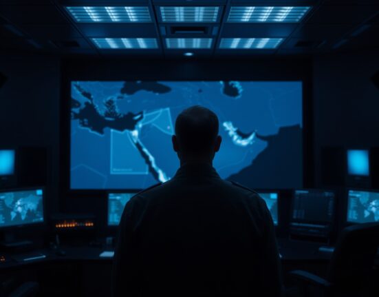 A somber situation room with a military official viewing a map of the Middle East on a large screen, representing a strategic decision on potential US strikes against Iran.