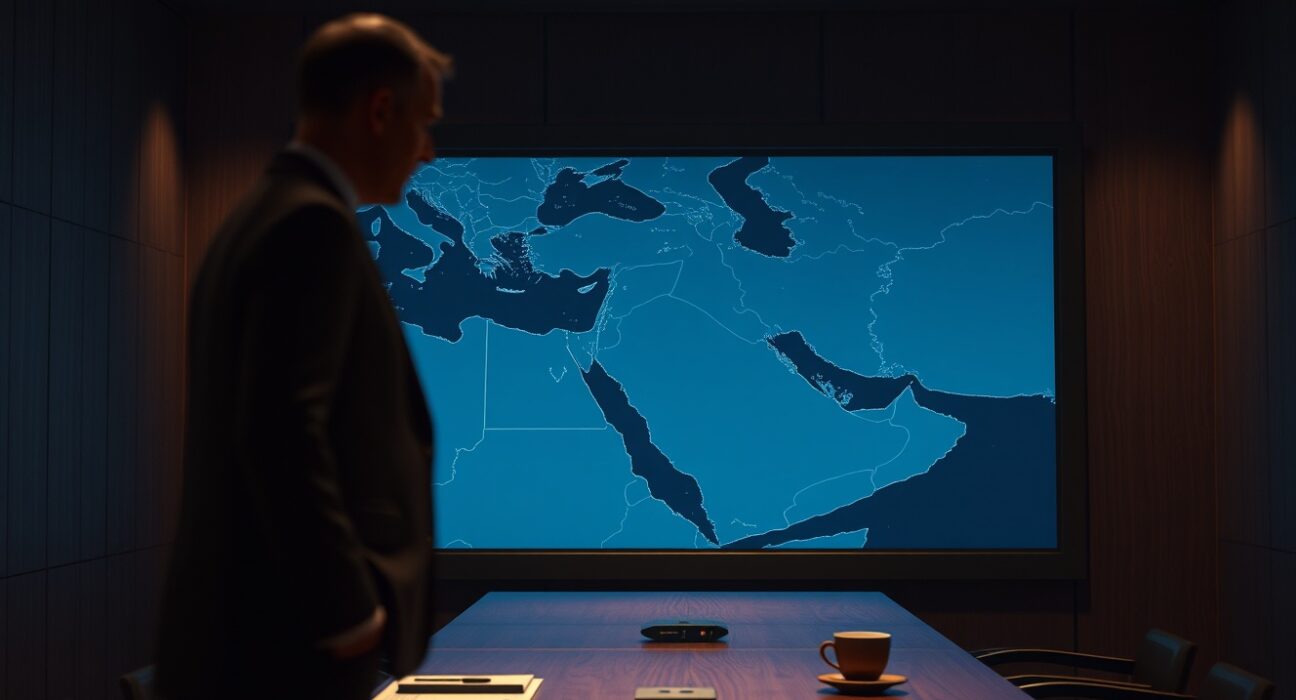 Dimly lit briefing room with a digital map of the Middle East, highlighting Iran, suggesting a geopolitical or military strategy discussion.