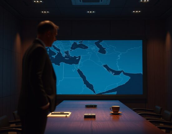 Dimly lit briefing room with a digital map of the Middle East, highlighting Iran, suggesting a geopolitical or military strategy discussion.