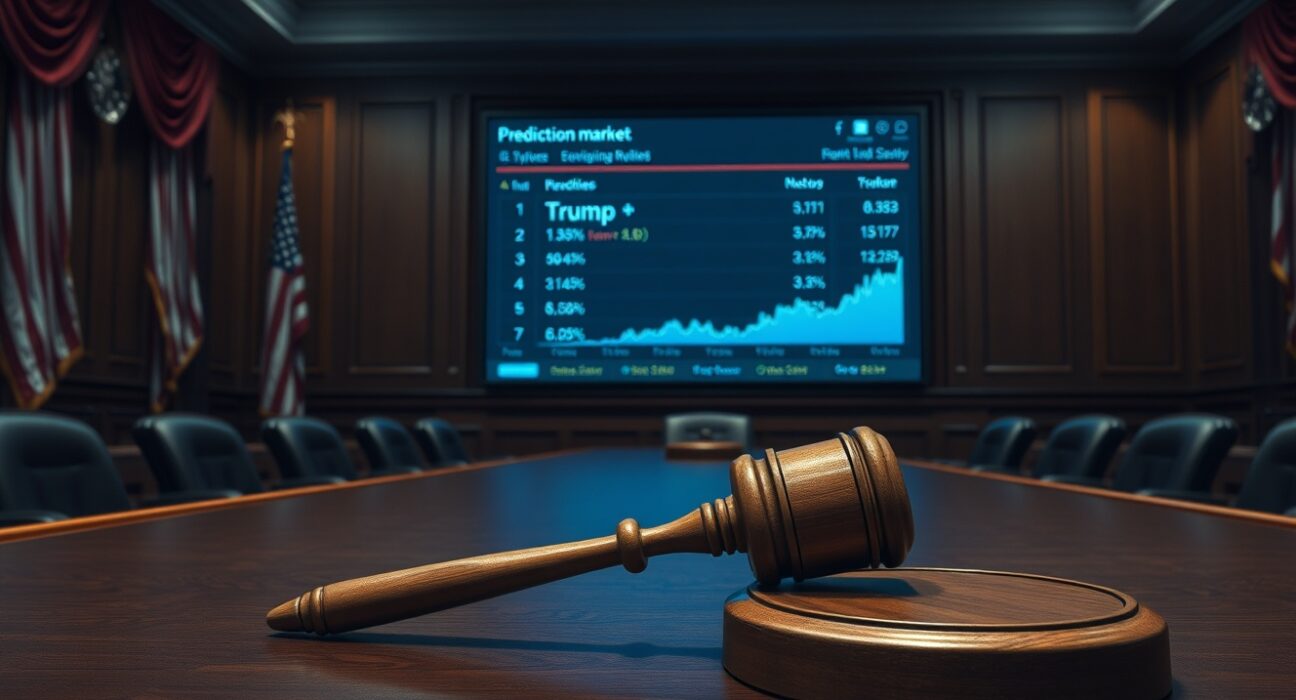 Trump prediction markets investigation hearing room with gavel and digital odds board