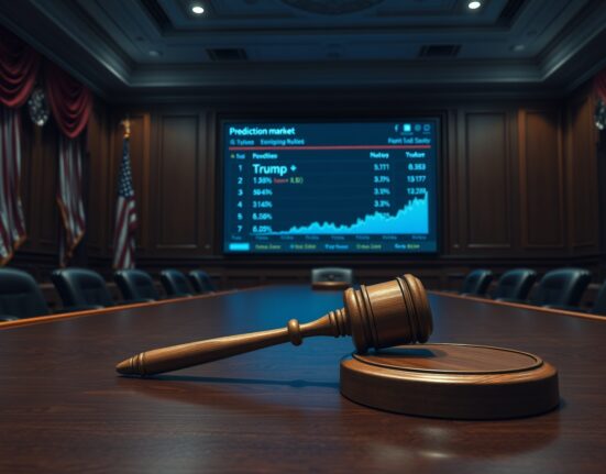 Trump prediction markets investigation hearing room with gavel and digital odds board