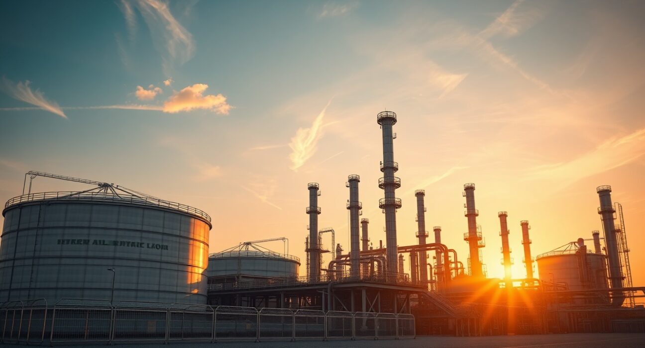 Oil refinery at sunset representing energy markets and geopolitical impact on oil prices.