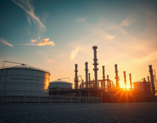 Oil refinery at sunset representing energy markets and geopolitical impact on oil prices.