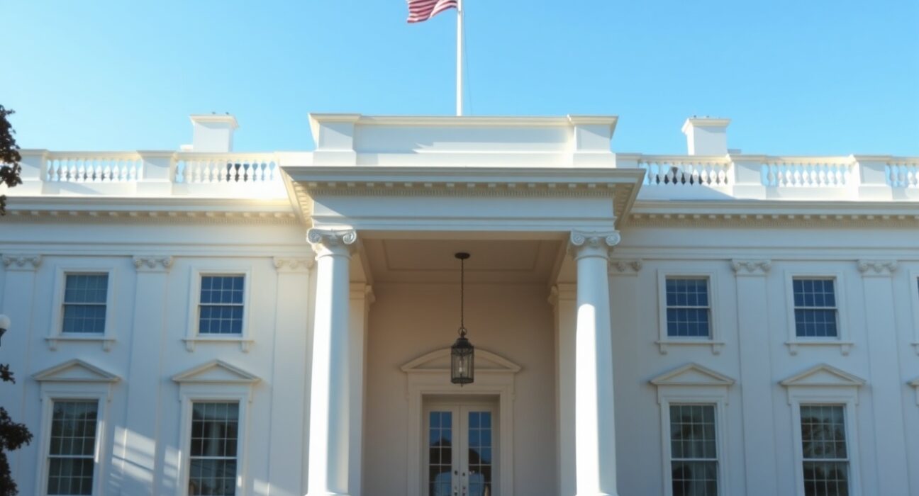White House exterior on a sunny day, representing US foreign policy and diplomatic stance on Iran.