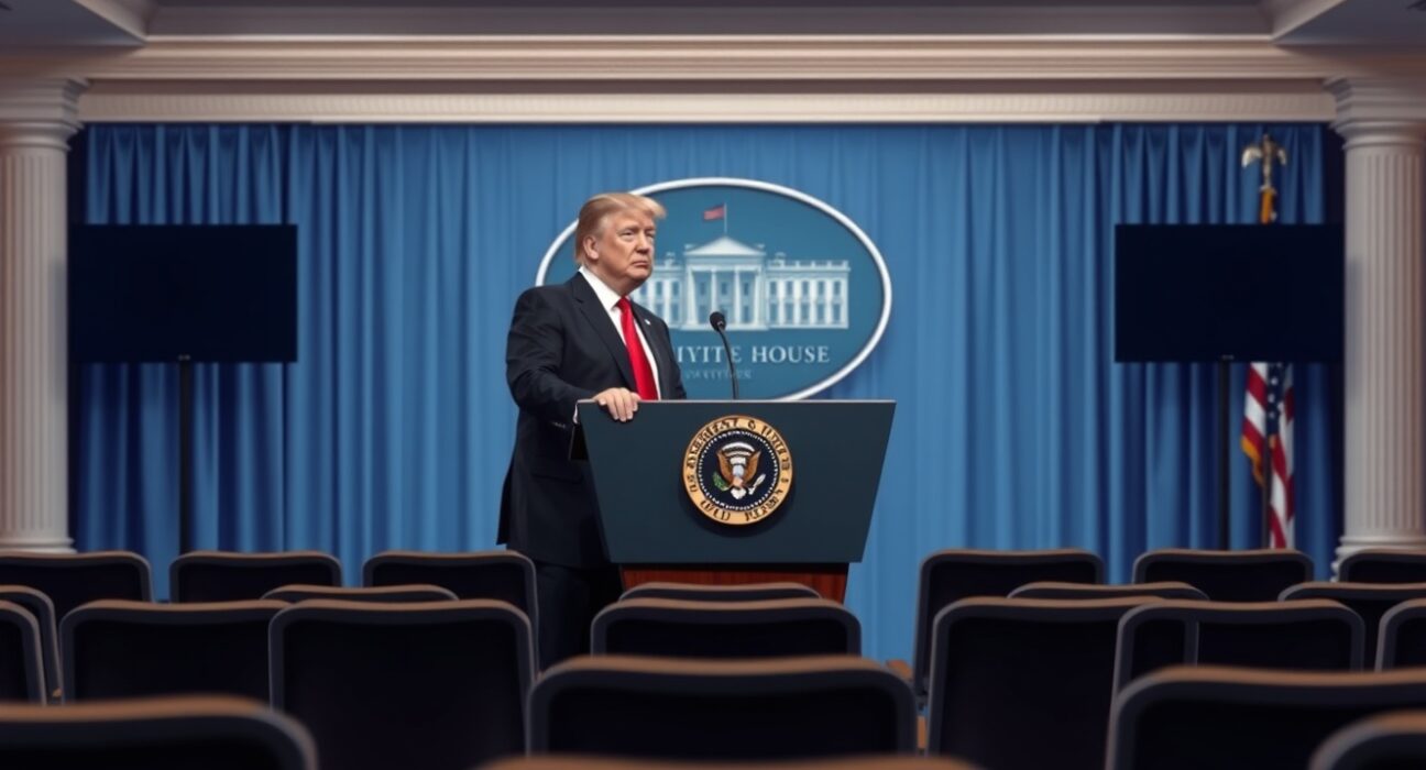 President Donald Trump at a White House podium preparing for his scheduled press conference.