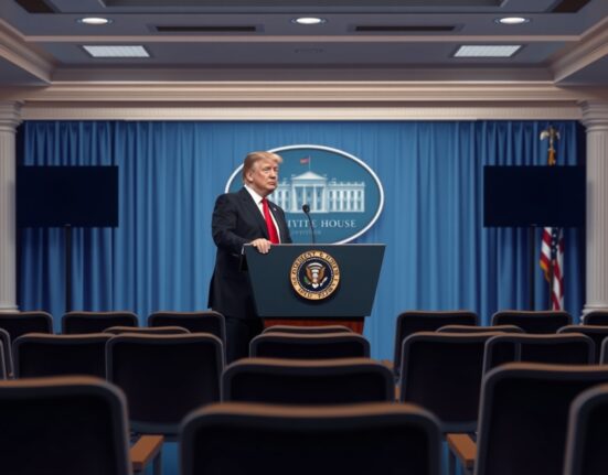 President Donald Trump at a White House podium preparing for his scheduled press conference.