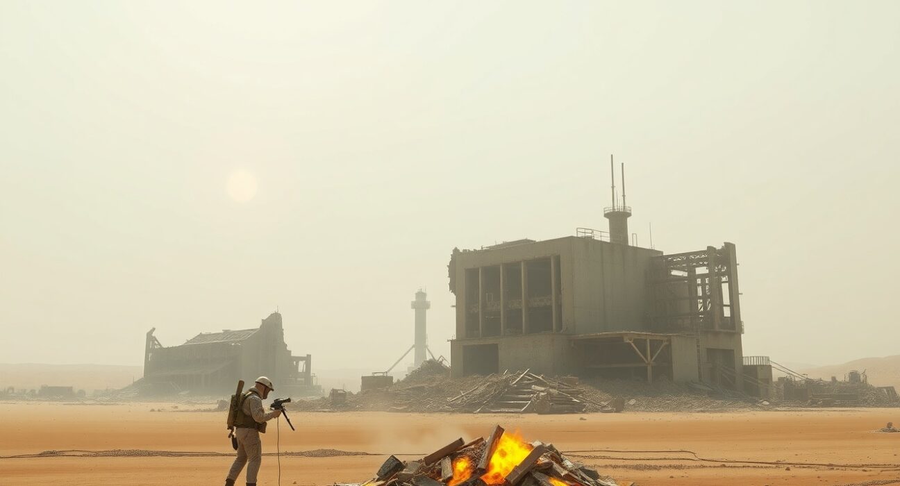 Military personnel in hazmat suits inspect destroyed nuclear facility in desert landscape