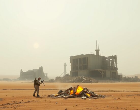 Military personnel in hazmat suits inspect destroyed nuclear facility in desert landscape