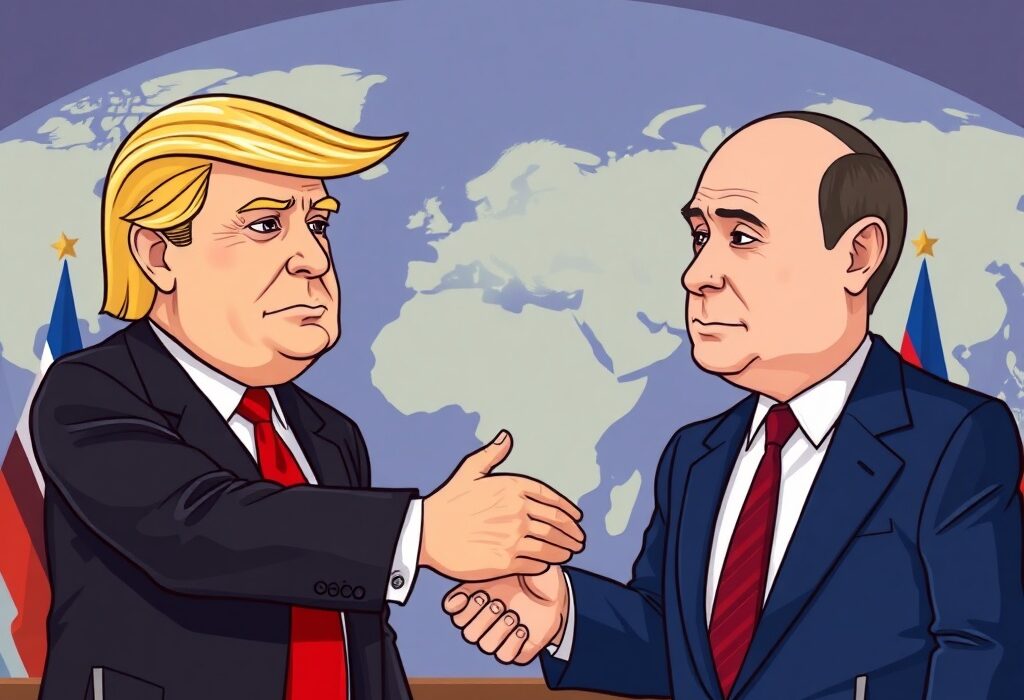 Cartoon illustration of a significant Trump-Putin meeting, symbolizing the importance of the US-Russia summit.