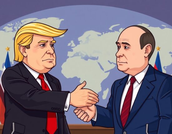 Cartoon illustration of a significant Trump-Putin meeting, symbolizing the importance of the US-Russia summit.
