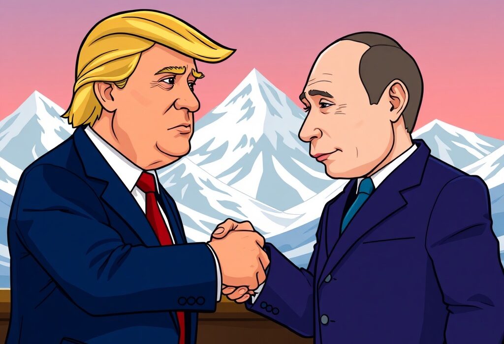 A cartoon illustration symbolizing the upcoming Trump Putin meeting in Alaska, highlighting the diplomatic significance of the US-Russia talks.