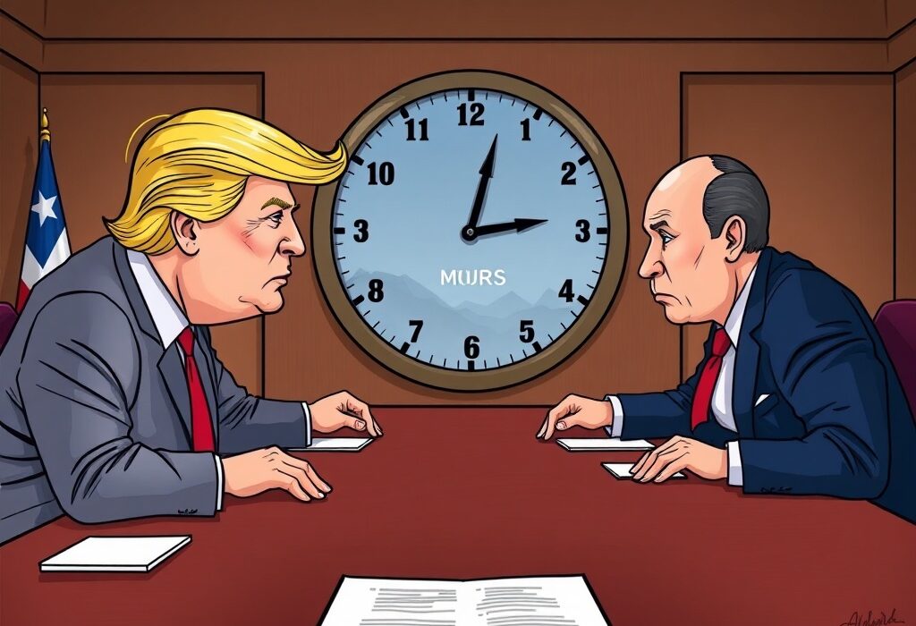 Cartoon illustration showing the intense, extended Trump Putin meeting, symbolizing crucial diplomatic discussions.