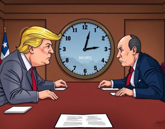 Cartoon illustration showing the intense, extended Trump Putin meeting, symbolizing crucial diplomatic discussions.