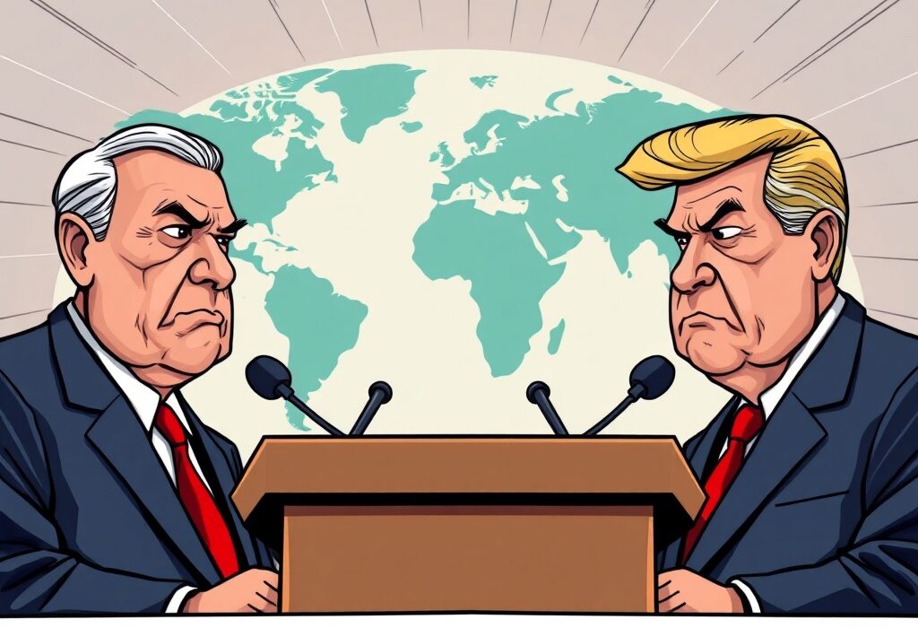 A cartoon illustration depicting the serious atmosphere of the Trump Putin Press Conference, symbolizing its impact on global markets.