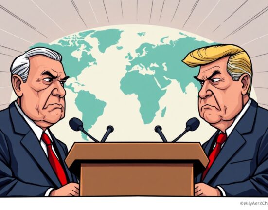 A cartoon illustration depicting the serious atmosphere of the Trump Putin Press Conference, symbolizing its impact on global markets.