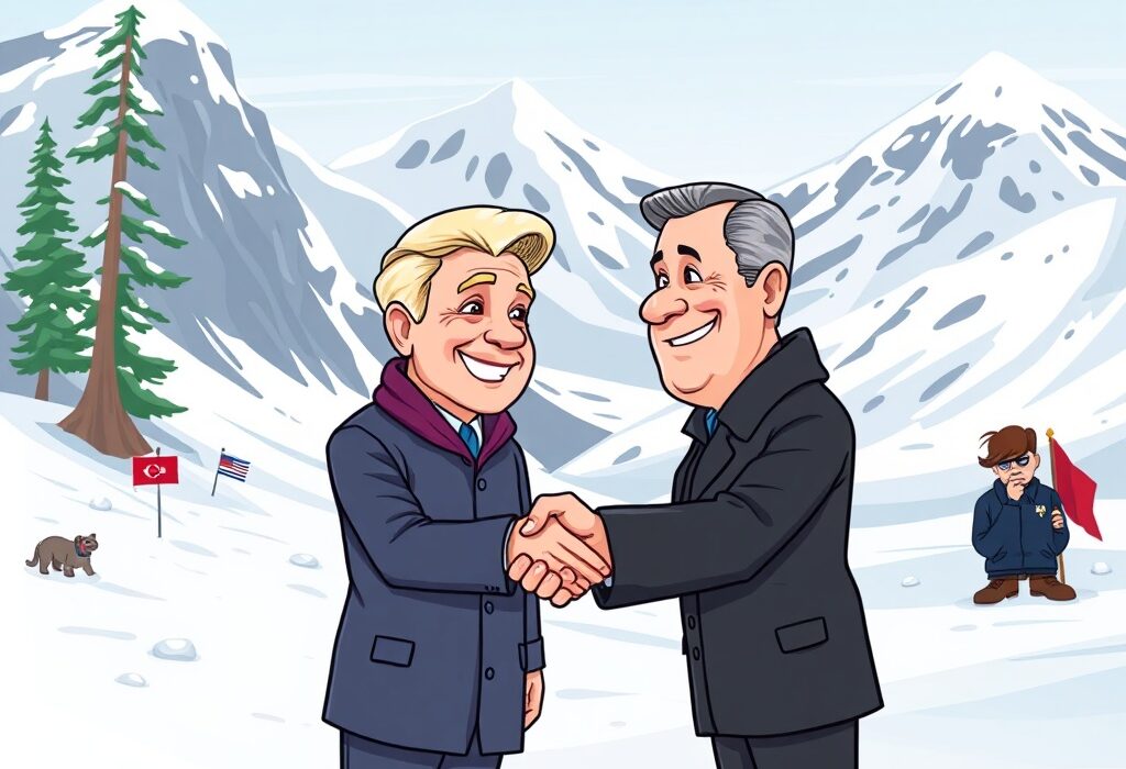 A cartoon illustration depicting the Trump Putin Summit, symbolizing a significant shift in international relations and geopolitical impact.