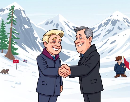 A cartoon illustration depicting the Trump Putin Summit, symbolizing a significant shift in international relations and geopolitical impact.