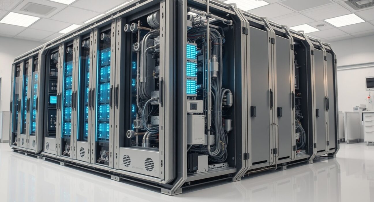 Futuristic quantum computer in a government research laboratory setting