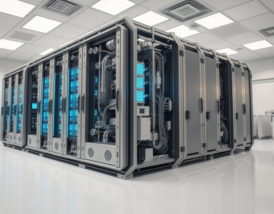 Futuristic quantum computer in a government research laboratory setting